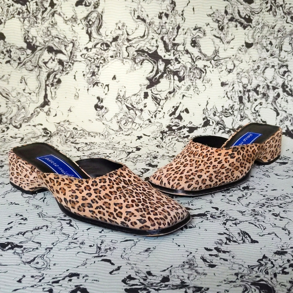 Vintage suede cheetah print mules